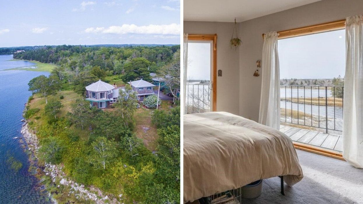Aerial view of the house for sale in Nova Scotia that's on the ocean. Right: Views of the water from the main bedroom.