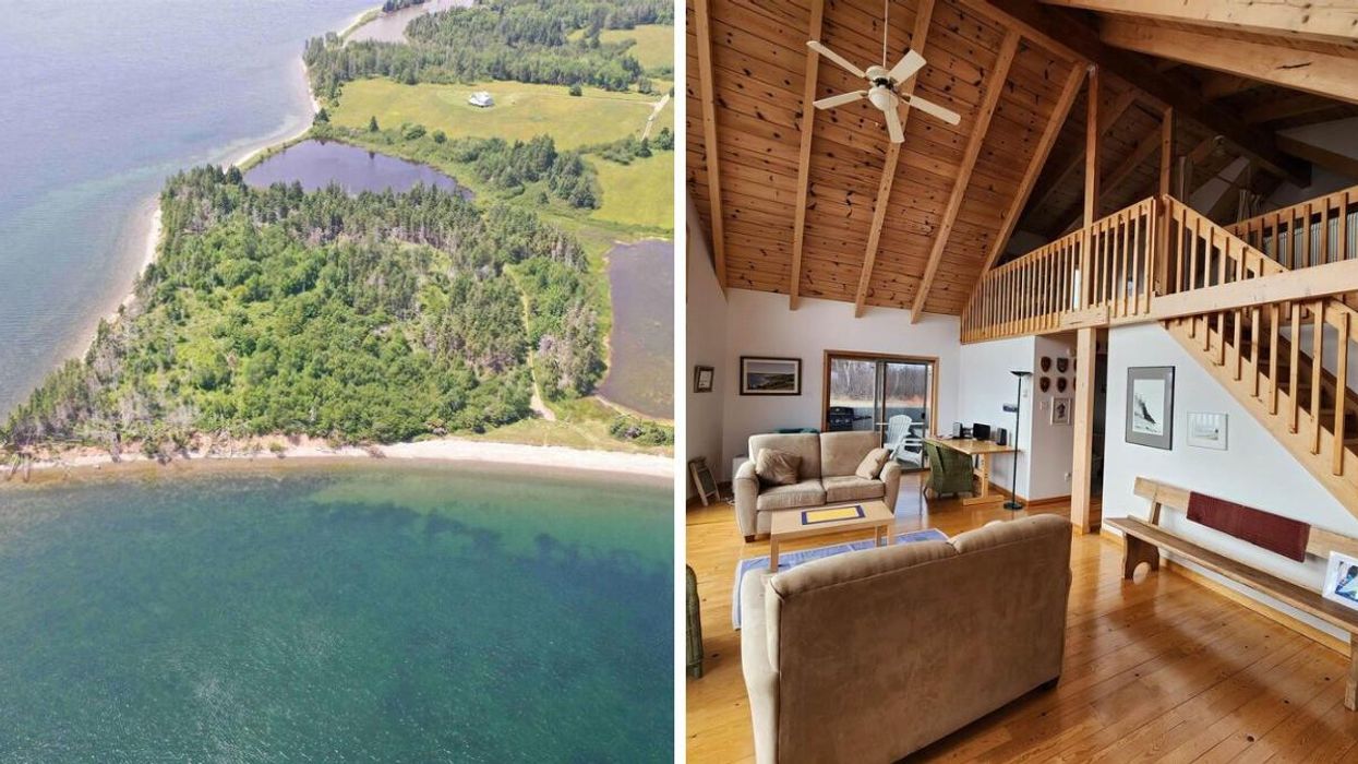 Aerial view of the house for sale in Nova Scotia that's surrounded by a lake. Right: Living room of the house with vaulted ceilings.