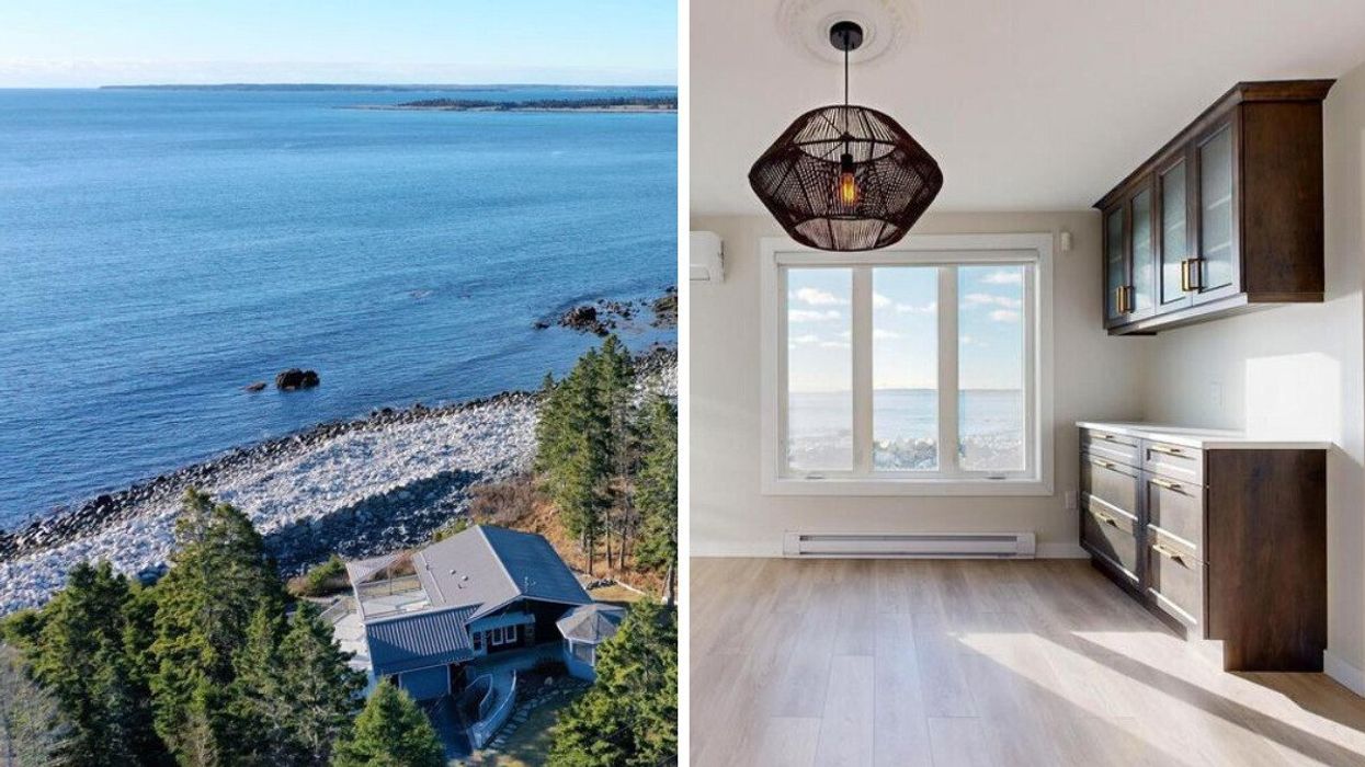 aerial view of the house for sale, the beach and the ocean. right: dining room with windows overlooking the ocean
