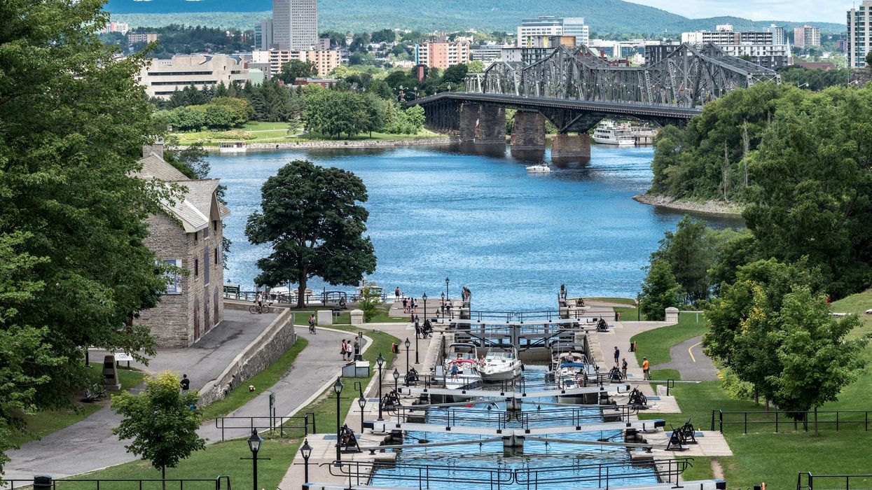 Aerial view of the Rideau Canal in Ottawa on a summer day.