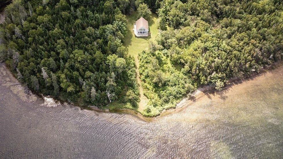 Aerial view of the waterfront house for sale in Nova Scotia.