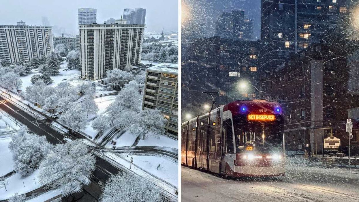 aerial view of toronto buildings, trees and streets after a snowfall. right: ttc streetcar driving through snow in the dark