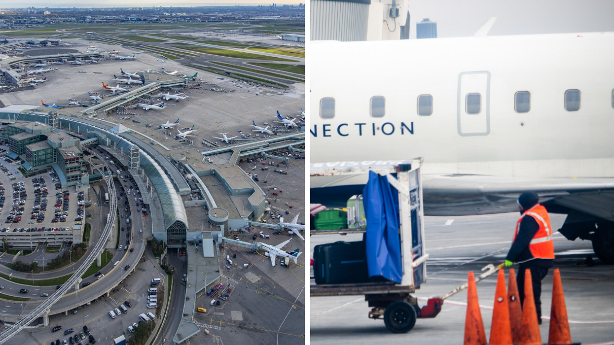 Aerial view of Toronto Pearson Airport. Right: Airline worker loading bags onto a plane at Toronto Pearson Airport.