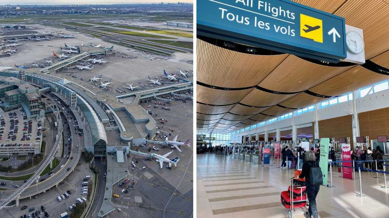 aerial view of toronto pearson international airport terminal. right: travellers in winnipeg richardson international airport