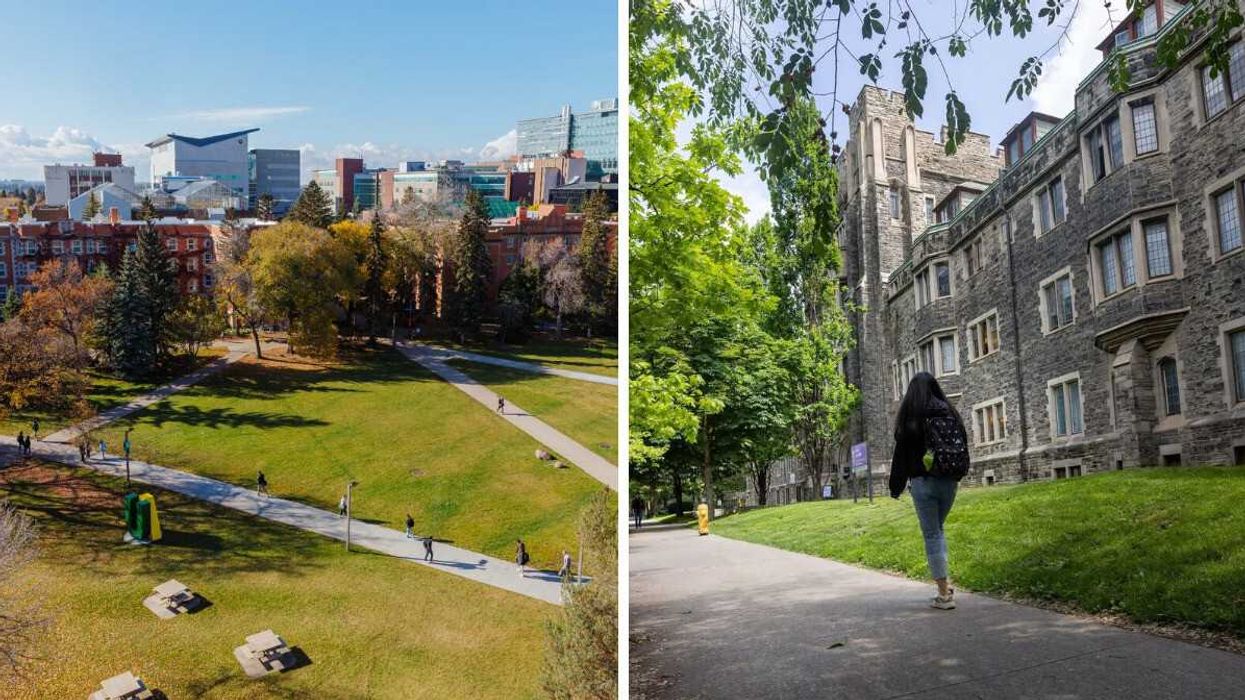 aerial view of university of alberta campus grounds. right: person walking on university of toronto campus