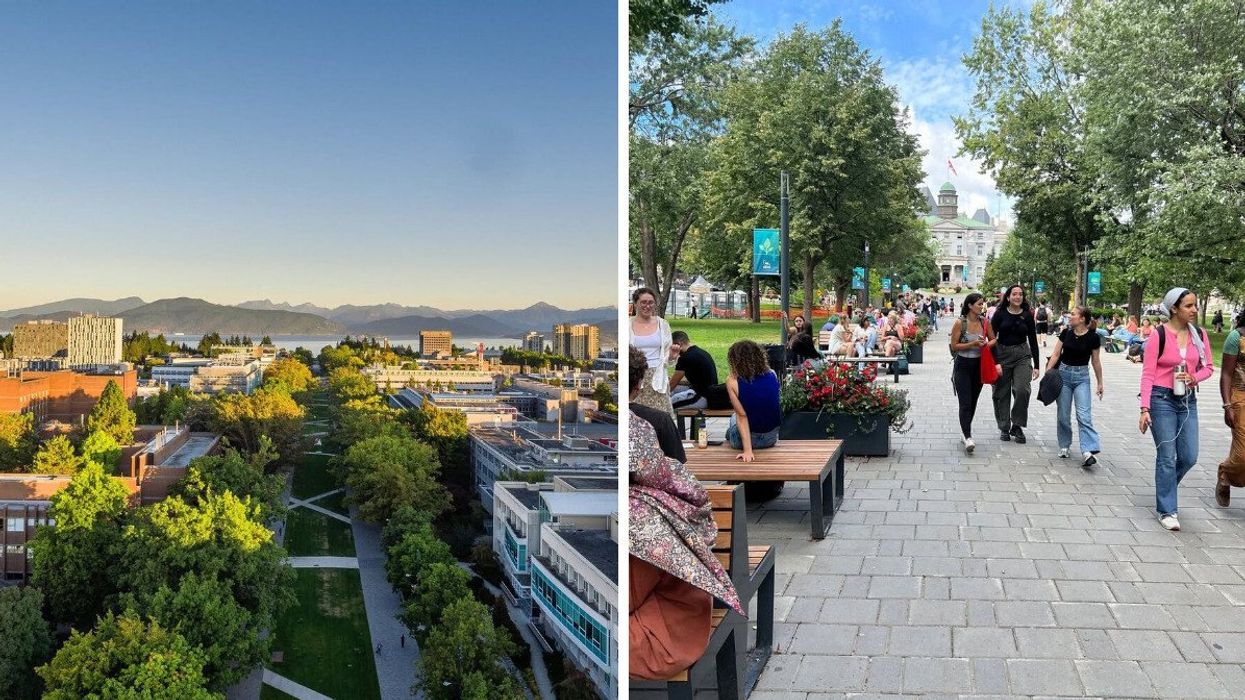 aerial view of university of british columbia campus in vancouver. right: students walking and sitting on tables at mcgill university in montreal