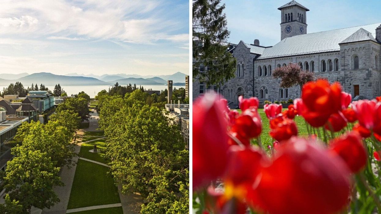 aerial view of university of british columbia campus with the ocean and mountains in background. right: red flowers and stone building on queen's university campus in ontario
