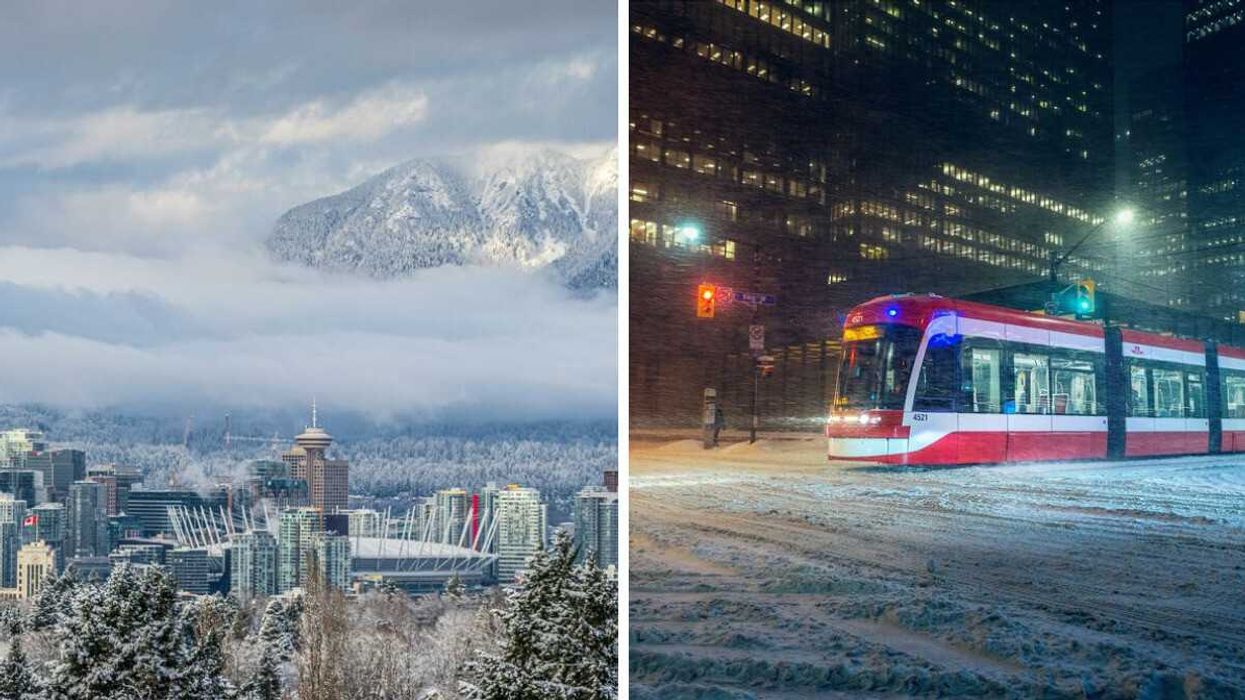 aerial view of vancouver skyline in winter with mountains in the background. right: ttc street car on toronto street at night during a snowstorm