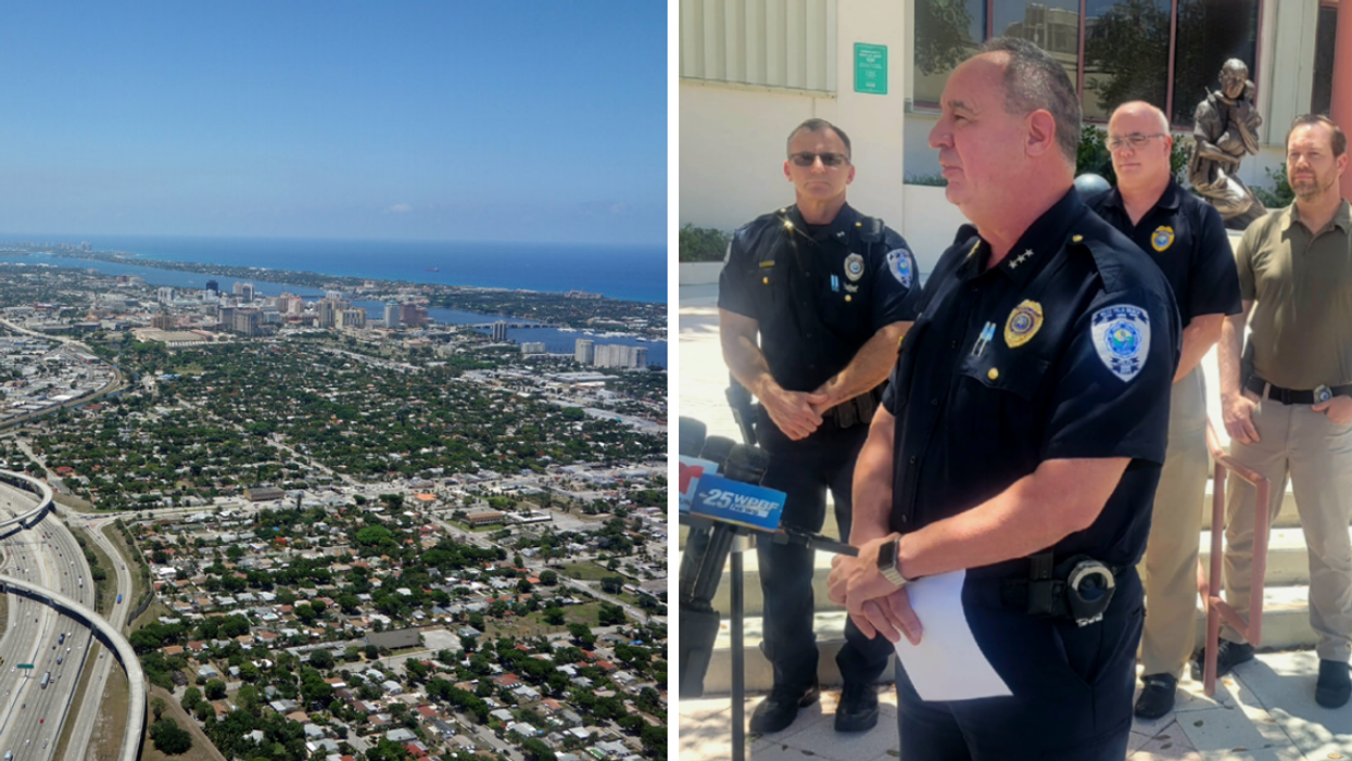 Aerial view of West Palm Beach in Florida. Right: West Palm Beach Police Department discussing the incident.