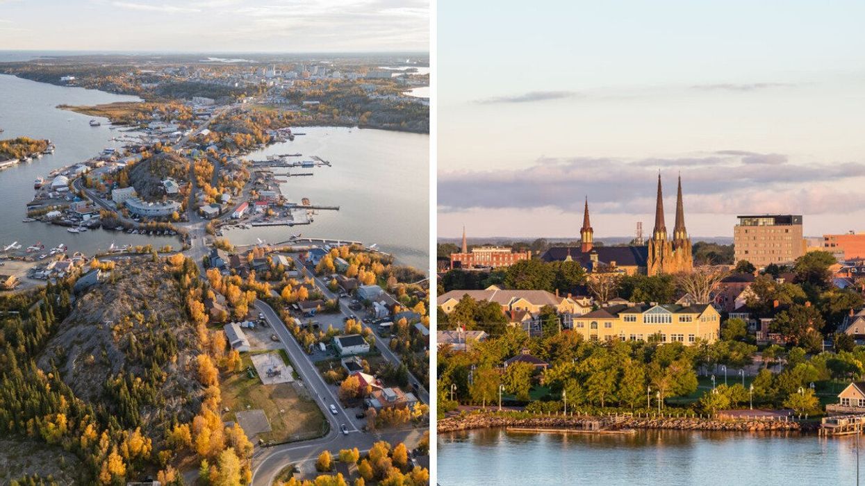 Aerial view of Yellowknife, NT. Right: Charlottetown, PEI.