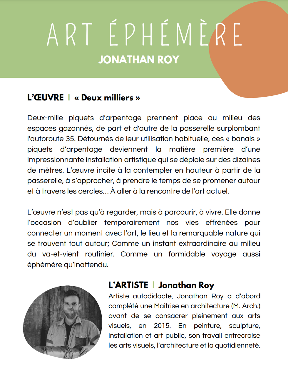 Affiche explicative de l'oeuvre de Jonathan Roy.