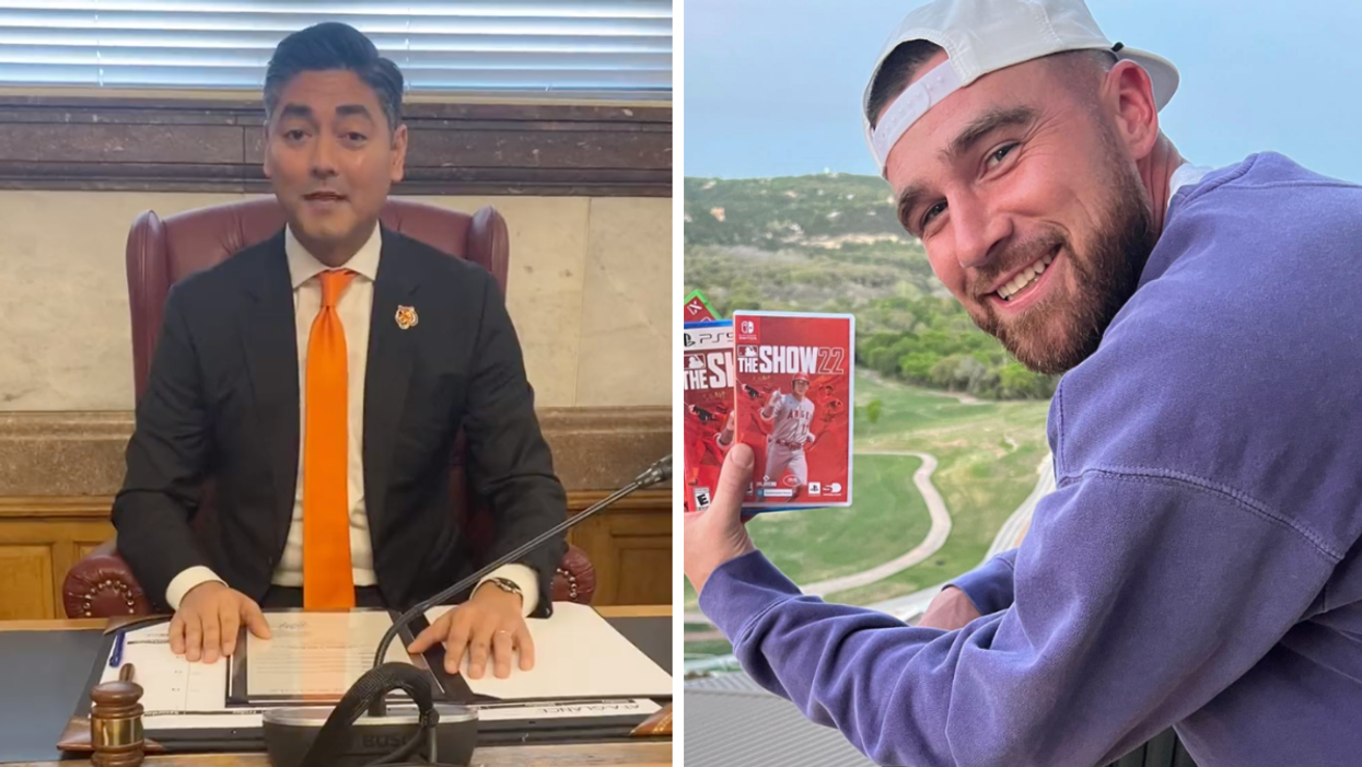 Aftab Pureval at his desk. Right: Travis Kelce.