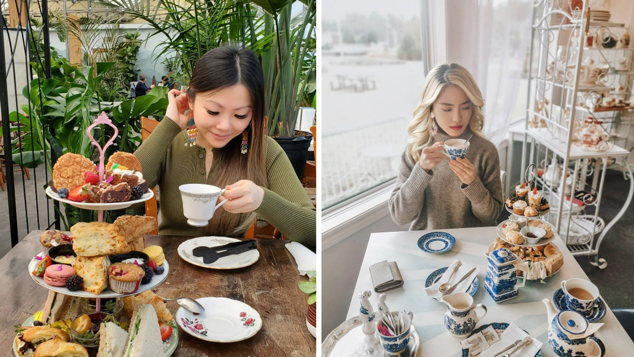 Afternoon tea service at The Watering Can. Right: High tea at Blue Willow Tea Shop.