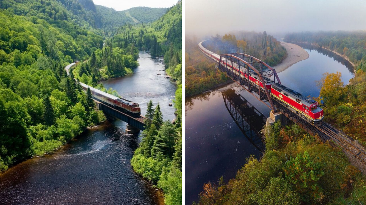 Agawa train going through forests and over rivers in Northern Ontario.