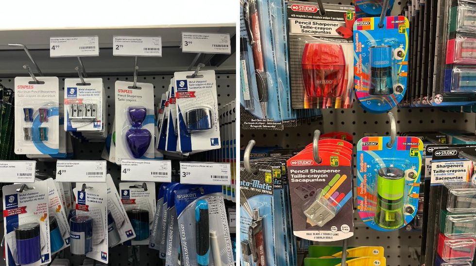 Aiguisoirs au Bureau en Gros. Droite : Aiguisoirs au Dollarama.