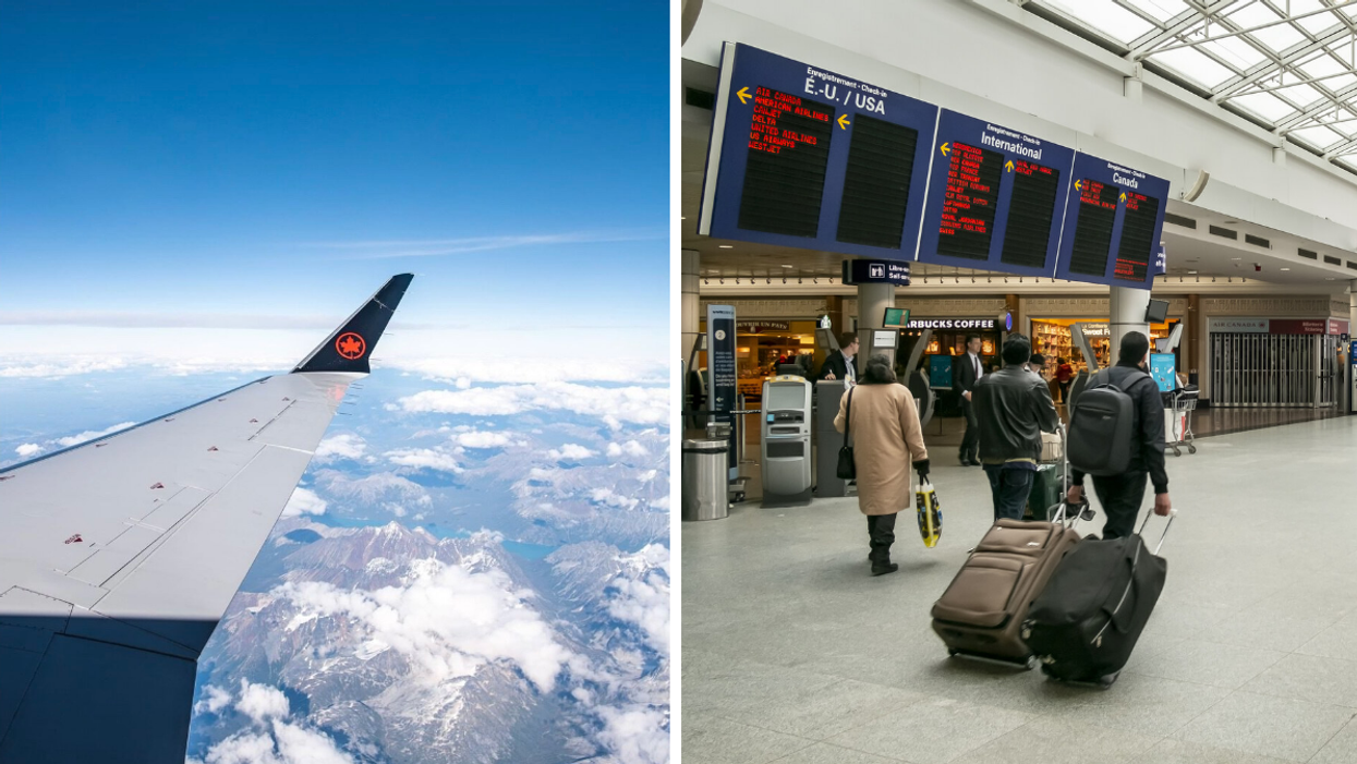 Aile d'un avion d'Air Canada en vol. Droite : Passagers à l'aéroport de Montréal