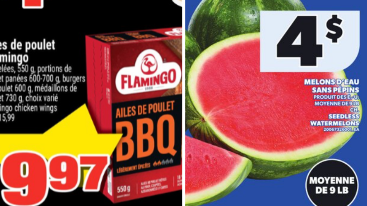 Ailes de poulet en rabais. Droite : Melon d'eau en rabais.