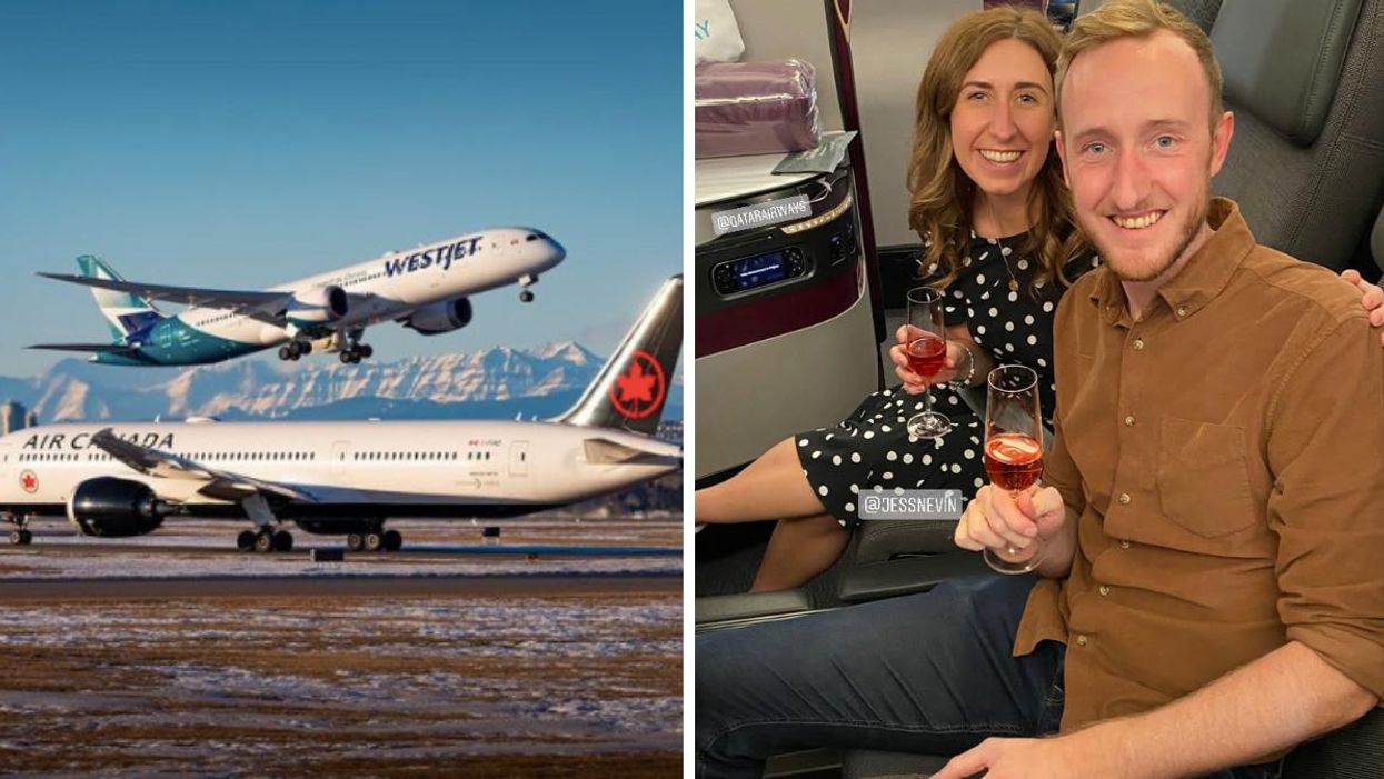 Air Canada and WestJet planes at Calgary Airport. Right: Daniel Milligan and his wife on a flight.
