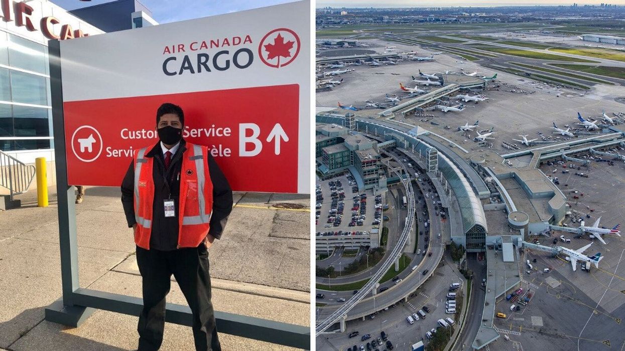 air canada employee at a cargo facility. right: aerial view of tarmac at toronto pearson international aiport