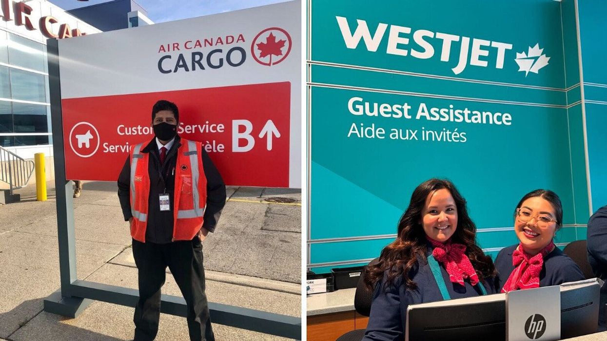 air canada employee standing outside a cargo building. right: westjet employees at a guest assistance desk