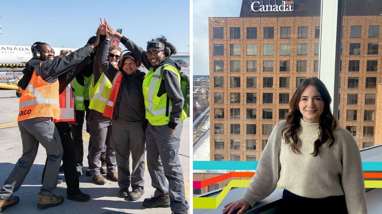 air canada employees at an airport. right: government of canada employee