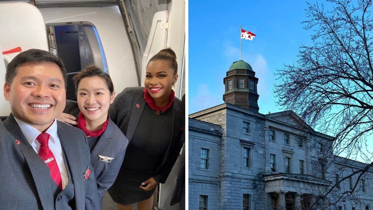air canada flight attendants near a plane. right: mcgill university building with a flag