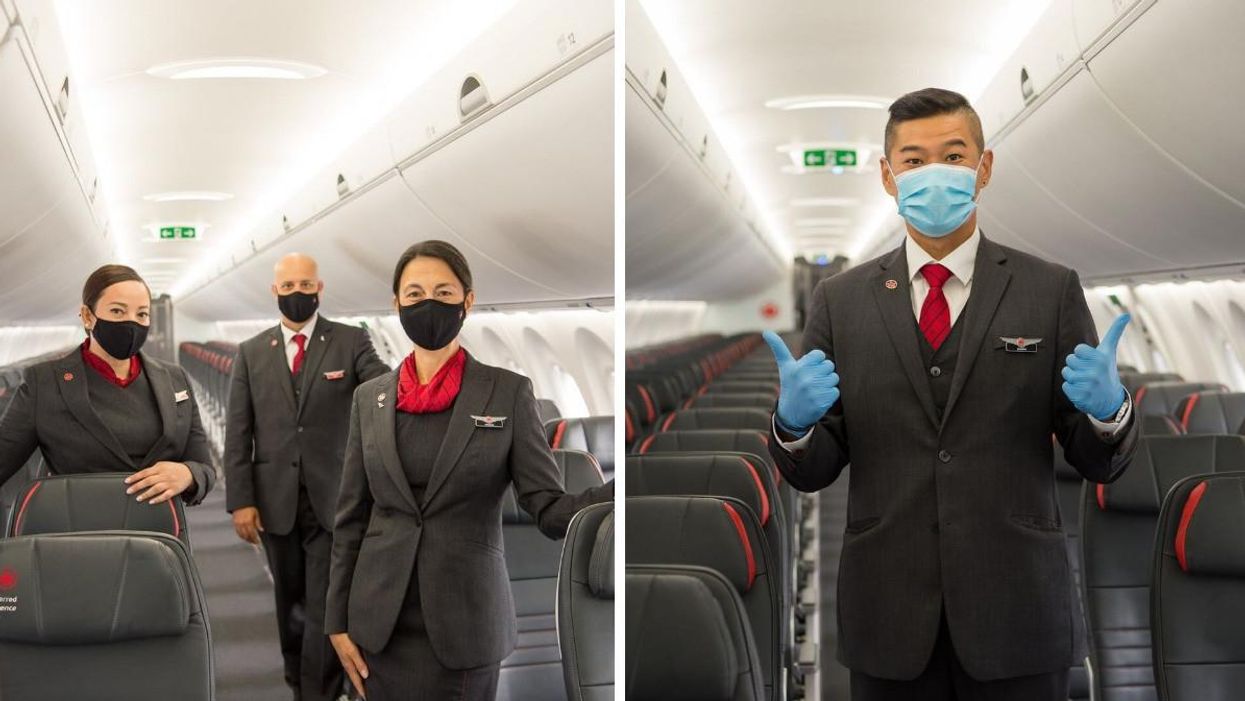 Air Canada flight attendants on board airplanes.