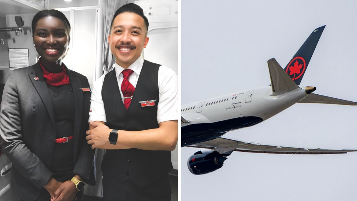 Air Canada flight attendants. Right: Air Canada plane.