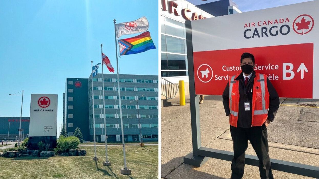 air canada office in montreal. right: air canada employee standing in front of a cargo sign