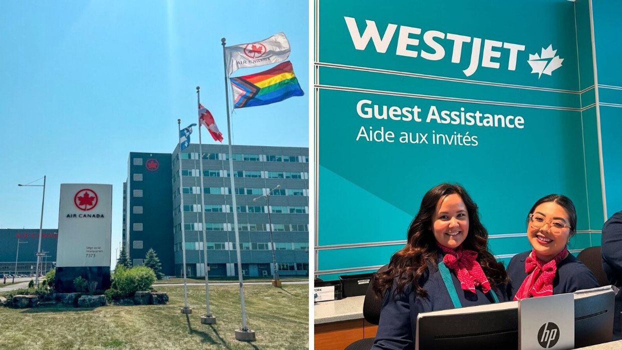 air canada office in montreal. right: westjet employees at a travel help desk