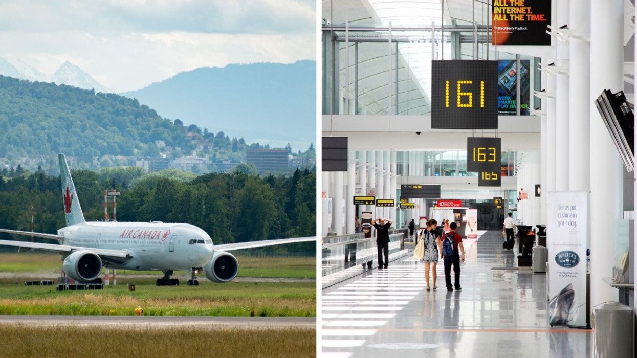 Air Canada plane. Right: Toronto Pearson Airport terminal.