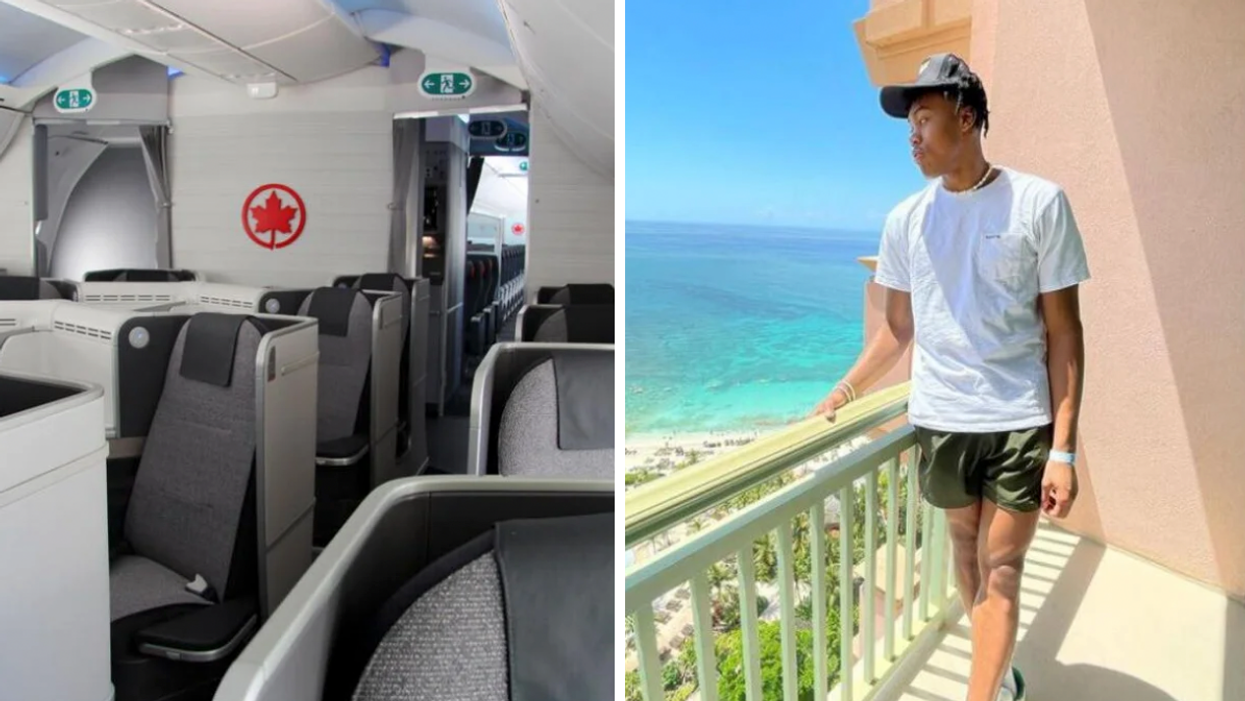 Air Canada's Signature Class cabin. Right: Toronto Raptors player Scottie Barnes.