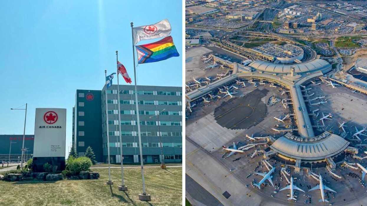 air canada sign and flags outside of building. right: aerial view of planes at toronto pearson international airport