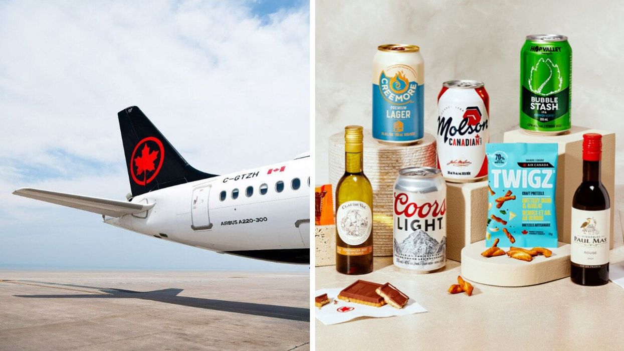 Air Canada tailplane on a runway. Right: new complimentary Air Canada menu items.