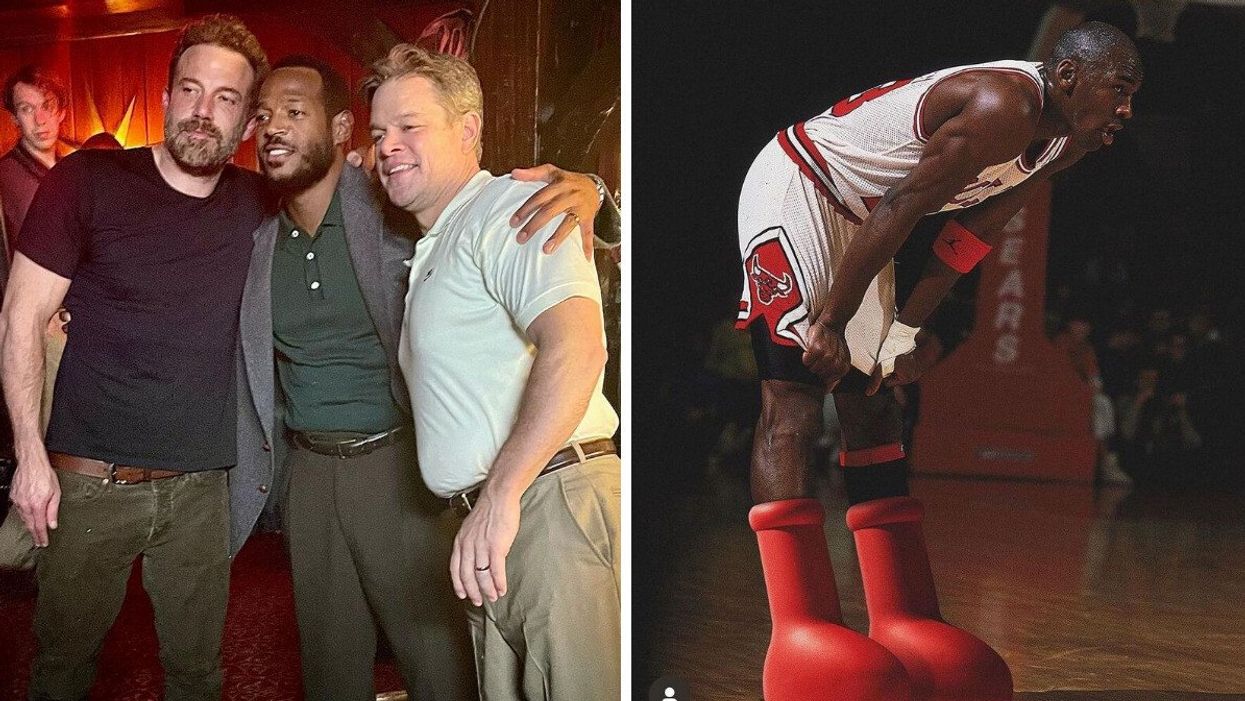 "Air" director Ben Affleck with Marlon Wayans and Matt Damon. Right: A meme showing Michael Jordan in MSCHF's Big Red Boots.