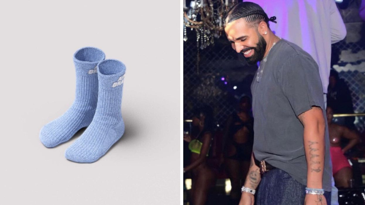 Air Drake Patch Socks. Right: Drake smiling.