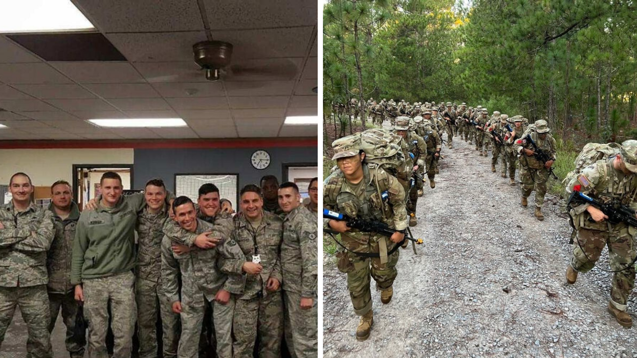 Air force members in a group photo. Right: Army members during basic training.