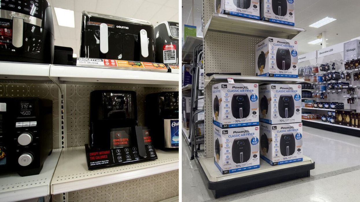 Air fryers from different brands on display at stores.