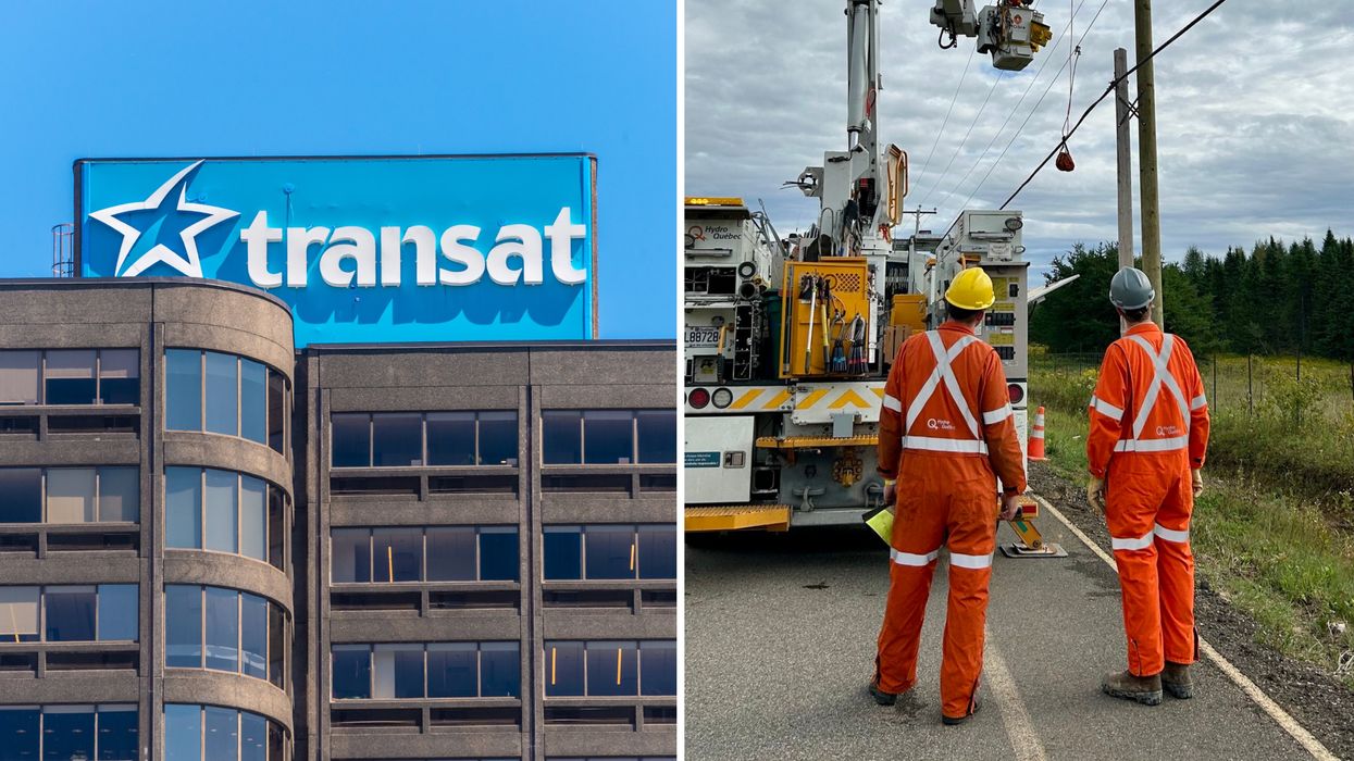 Air Transat. Droite : des employés d'Hydro-Québec.
