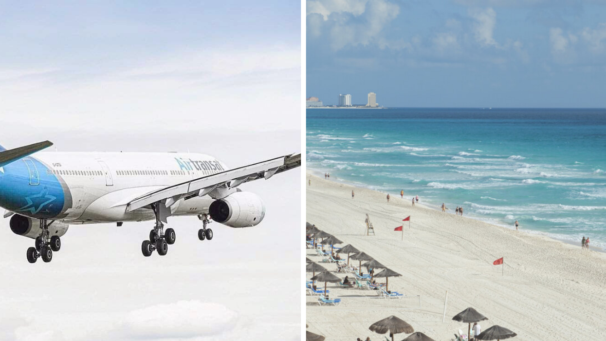 Air Transat plane in flight, Right: Dreamy Cancun white sandy beaches.