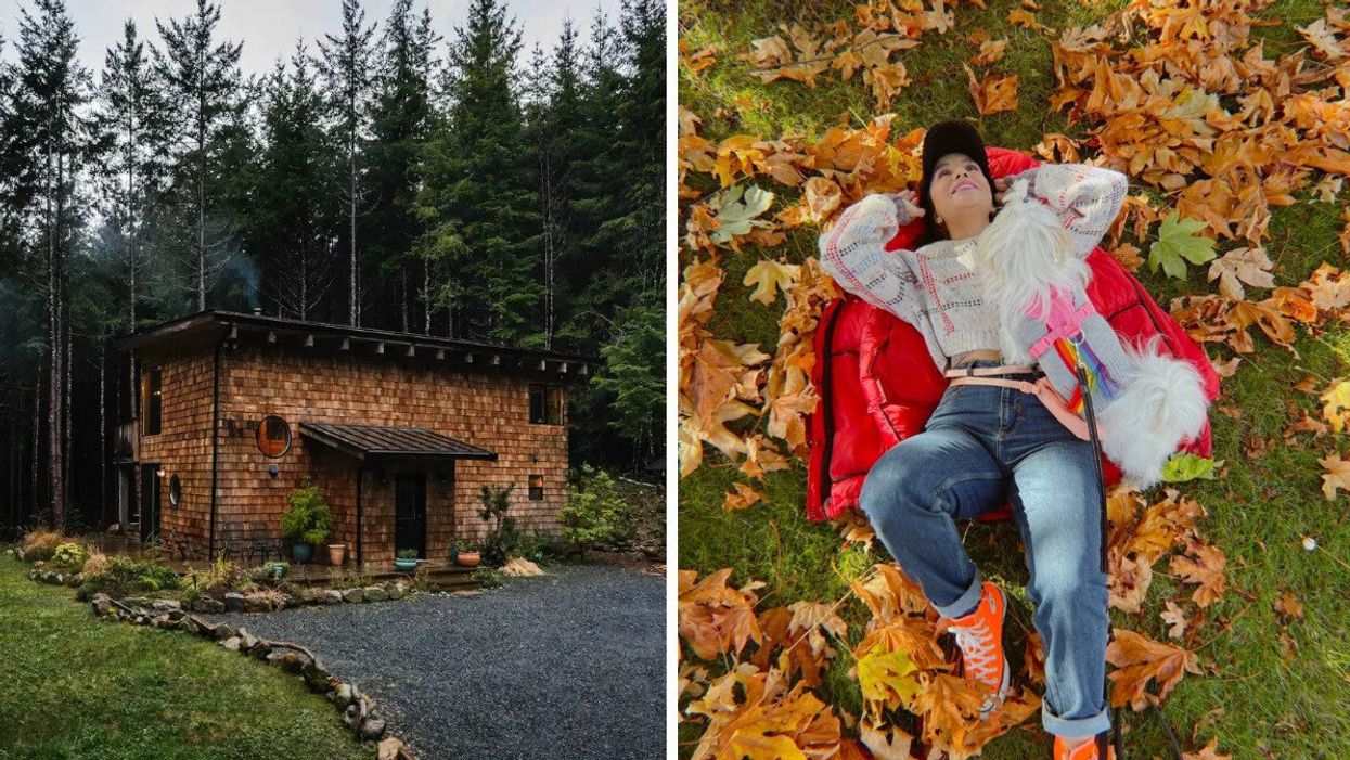Airbnb in B.C. Right: Person in fall leaves in B.C.