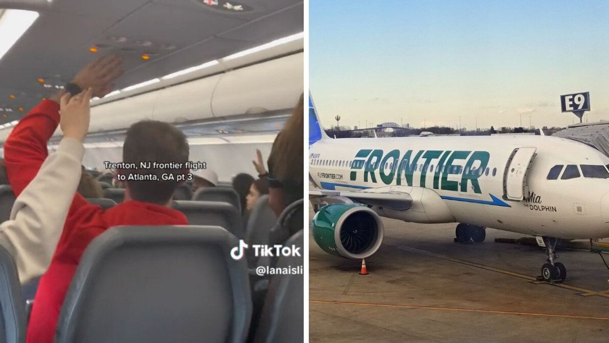 Airline passengers on the Frontier Airlines flight. Right: A Frontier Airlines plane.