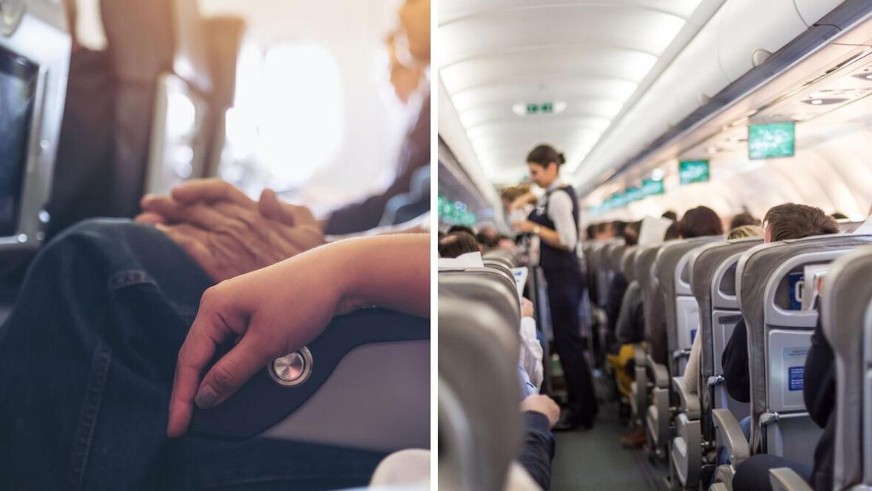 Airline passengers seated on a plane.