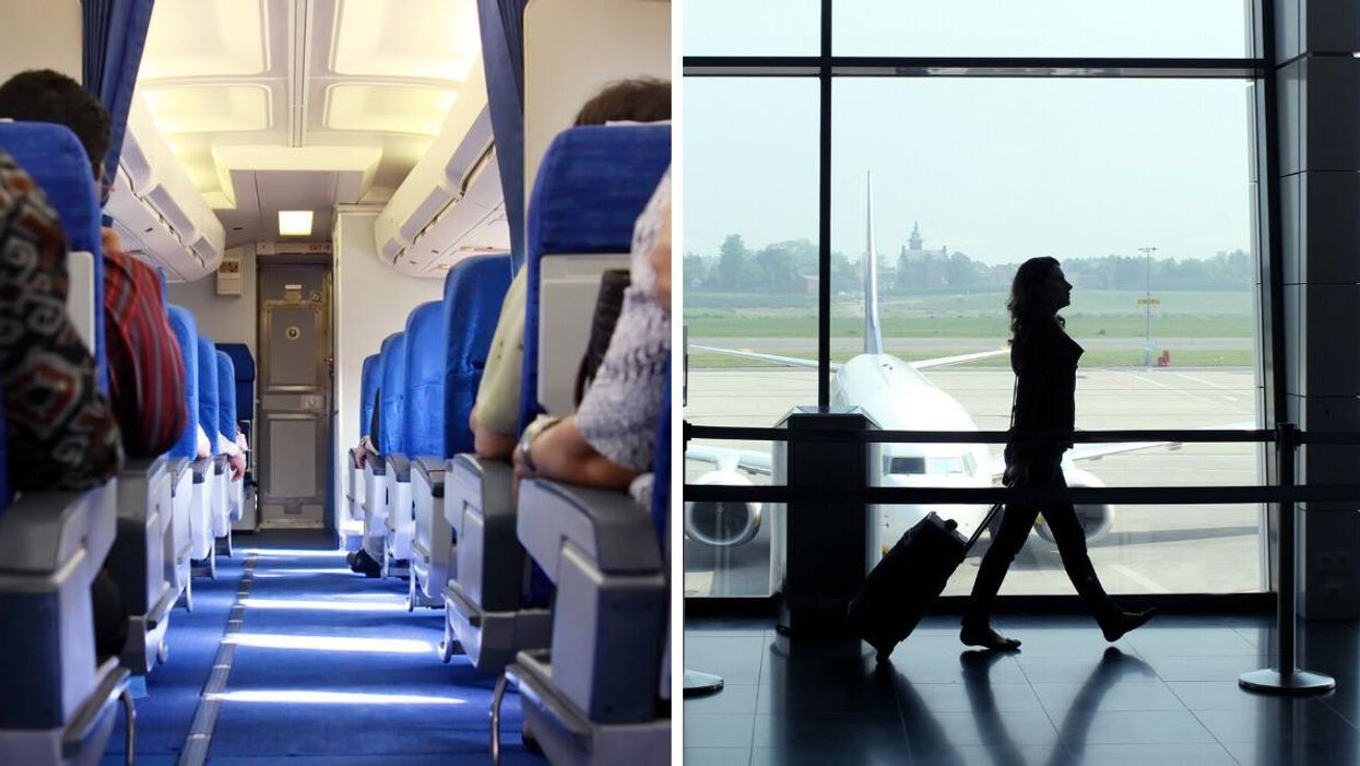 Airline seats. Right: A woman at an airport.