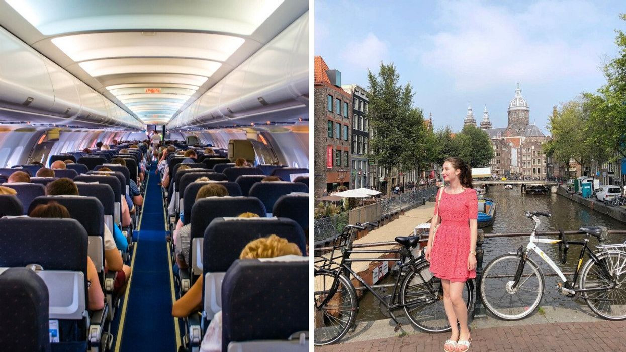 Airplane aisle. Right: Madeline in Amsterdam.