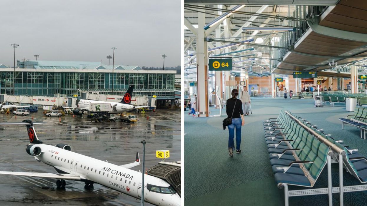 Airplanes at Vancouver International Airport. Right: The inside of Vancouver International Airport.