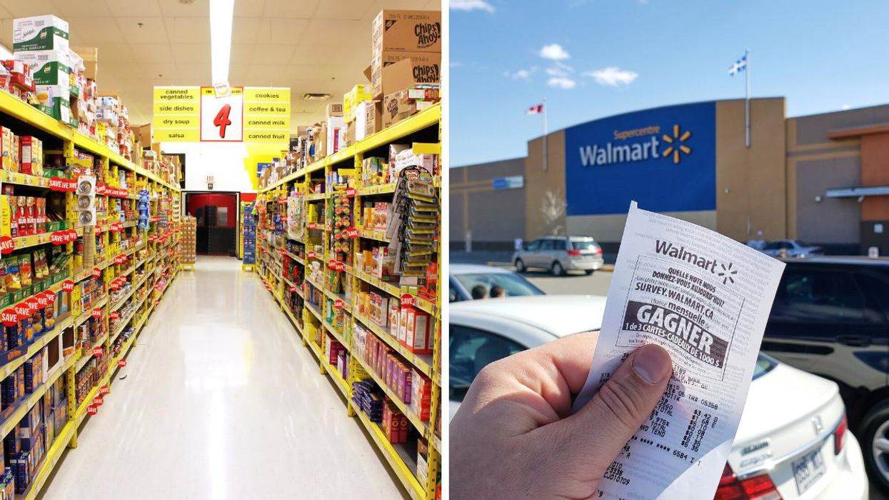 Aisle in a grocery store. Right: Person holding a Walmart receipt.