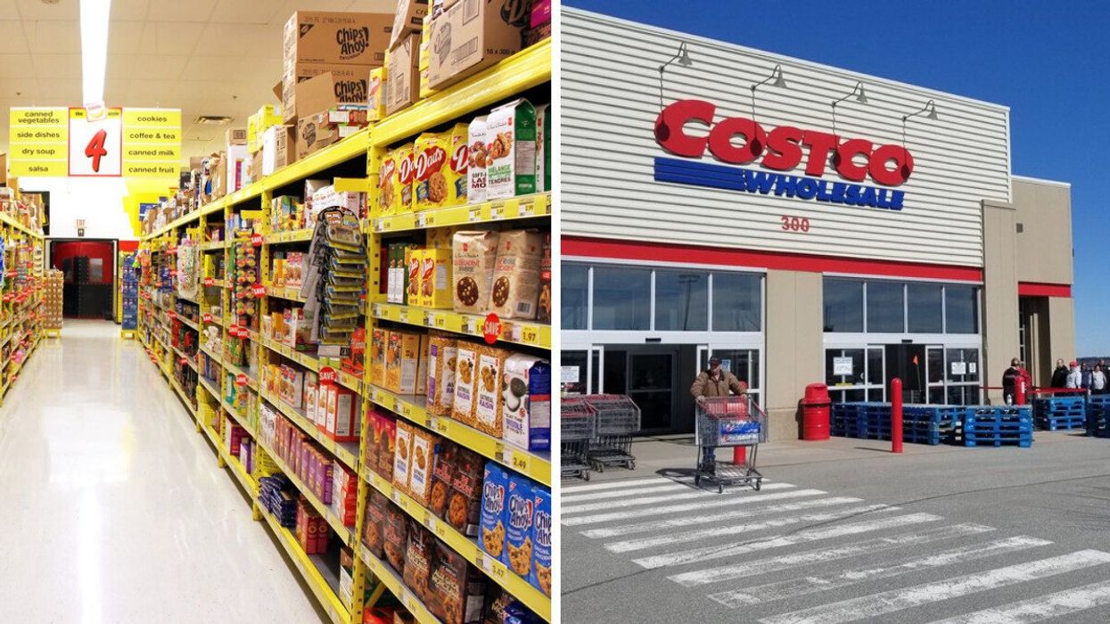 aisle in no frills grocery store in toronto. right: exterior of costco location in canada