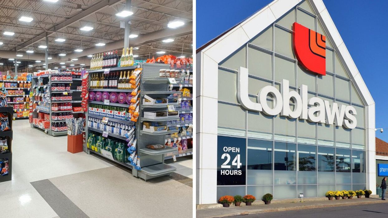aisles with shelves in sobeys grocery store. right: exterior of loblaws store
