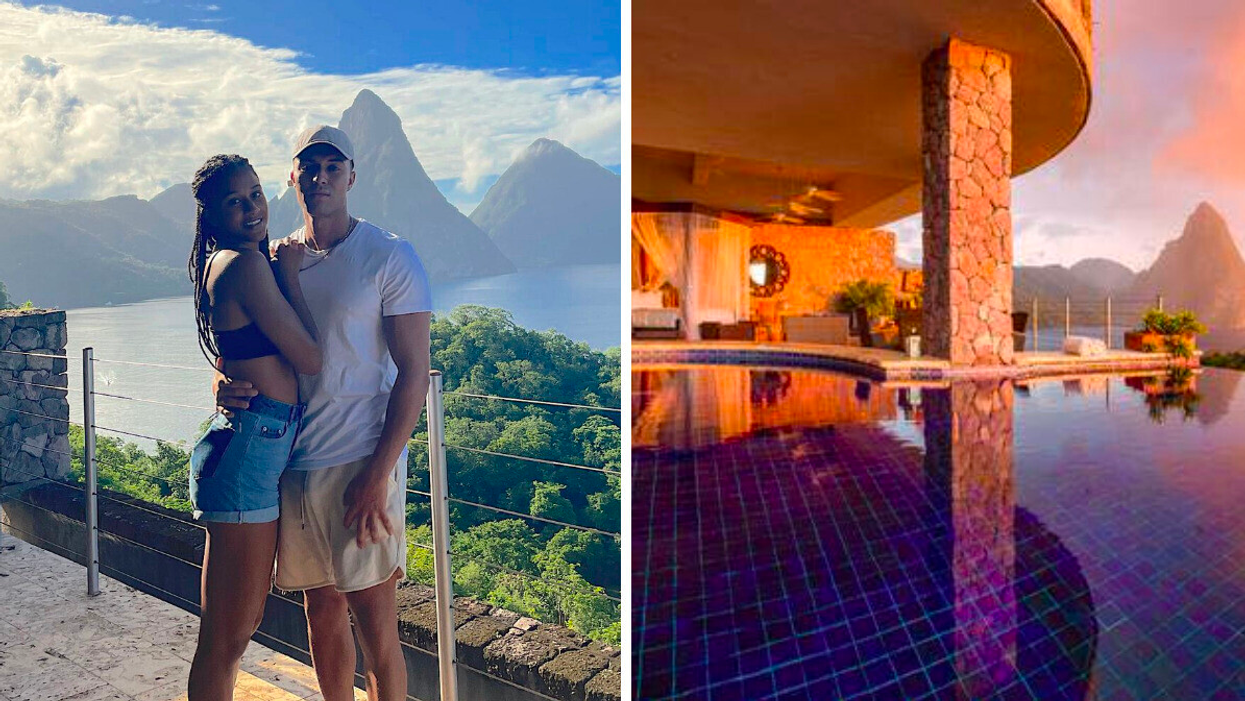 Aïssa et Walide d'OD Martinique. Droite : Le Jade Mountain Resort à Sainte-Lucie.
